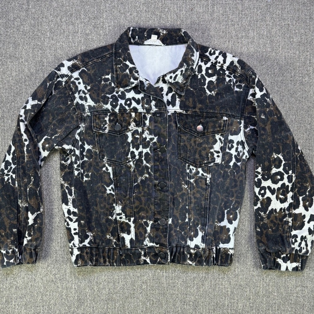 Promesa Leopard Print Denim Jacket Womens Small‎ Snap Front Trucker Coat